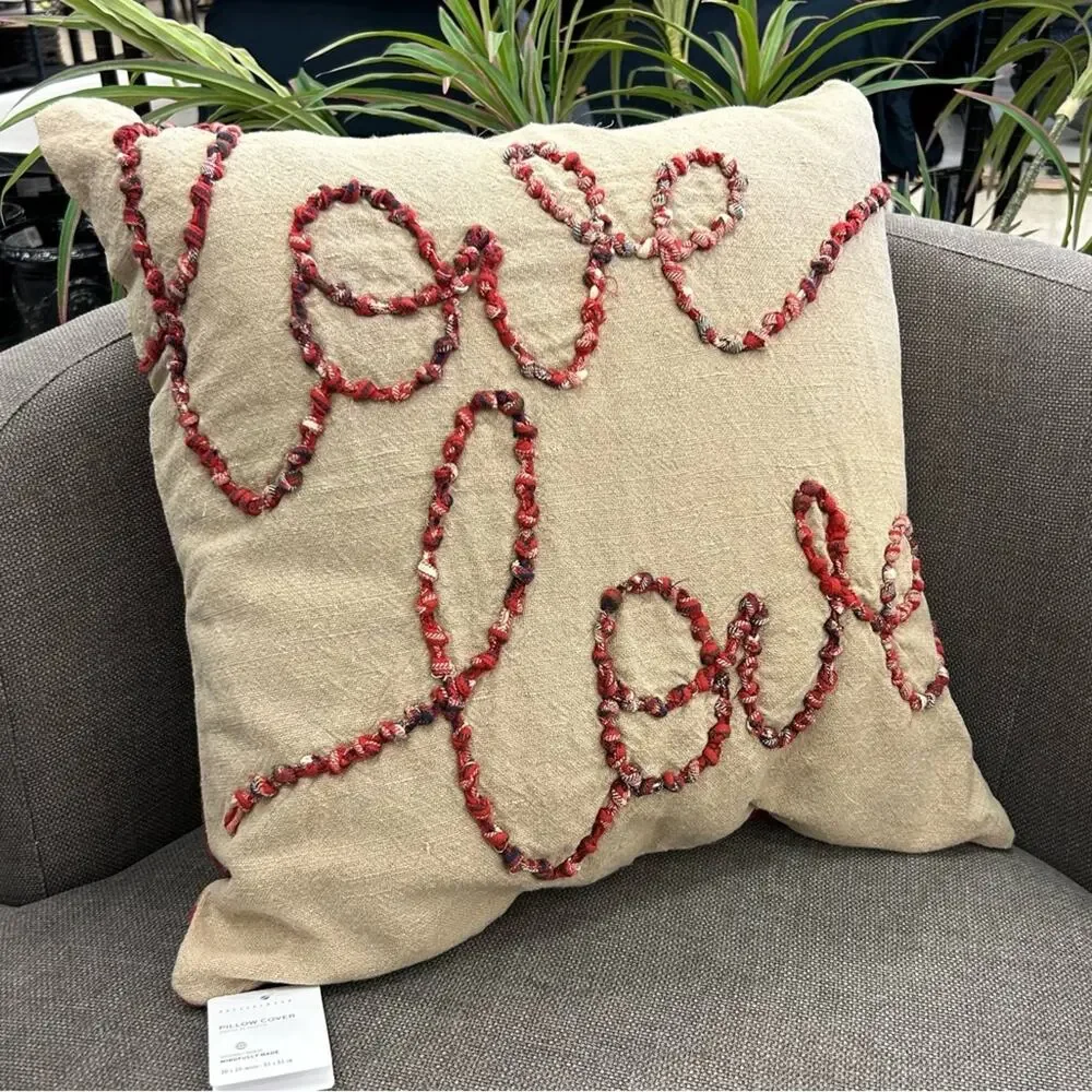 Pottery Barn Love Script Reversible Tan Red Plaid Pillow Cover Cotton Linen NWT